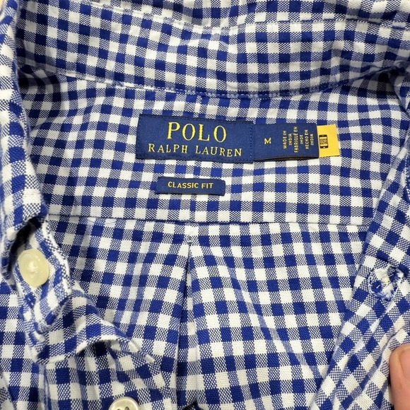 Polo Ralph Lauren Men's Medium Blue White Gingham Check Oxford Shirt Flesh Pony - Picture 4 of 10